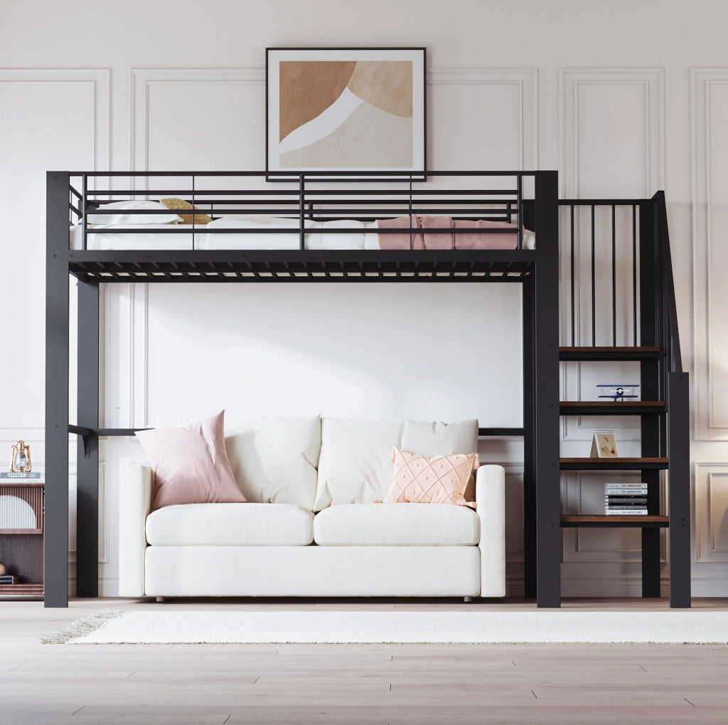 Letto a soppalco 90x200 cm in metallo e legno con scala e vano contenitore; nero