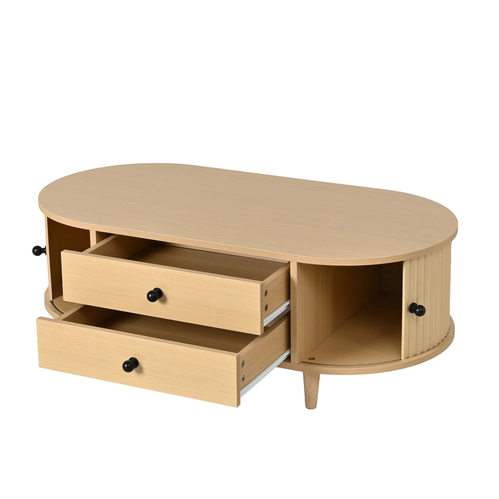 Tavolino da salotto rotondo in effetto legno chiaro con 2 cassetti e ante scorrevoli, 100¡Á50¡Á36 cm, portata fino a 50 kg