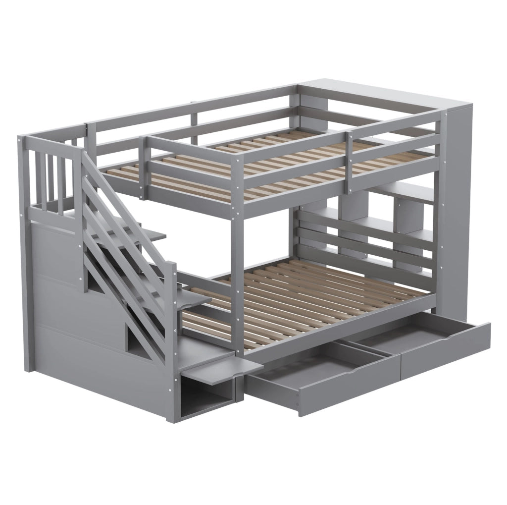 Letto a castello modulare 90x200 cm in legno grigio con scala contenitore e cassetti