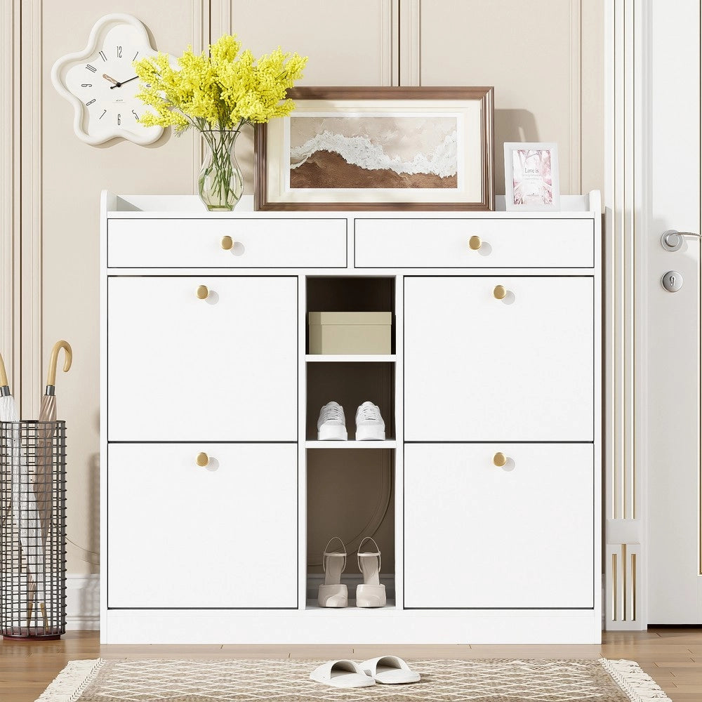 Scarpiera con 4 Ante Ribaltabili, 2 Cassetti e 3 Ripiani ¨C MINIMAL ¨C Bianco, 110x26x100 cm