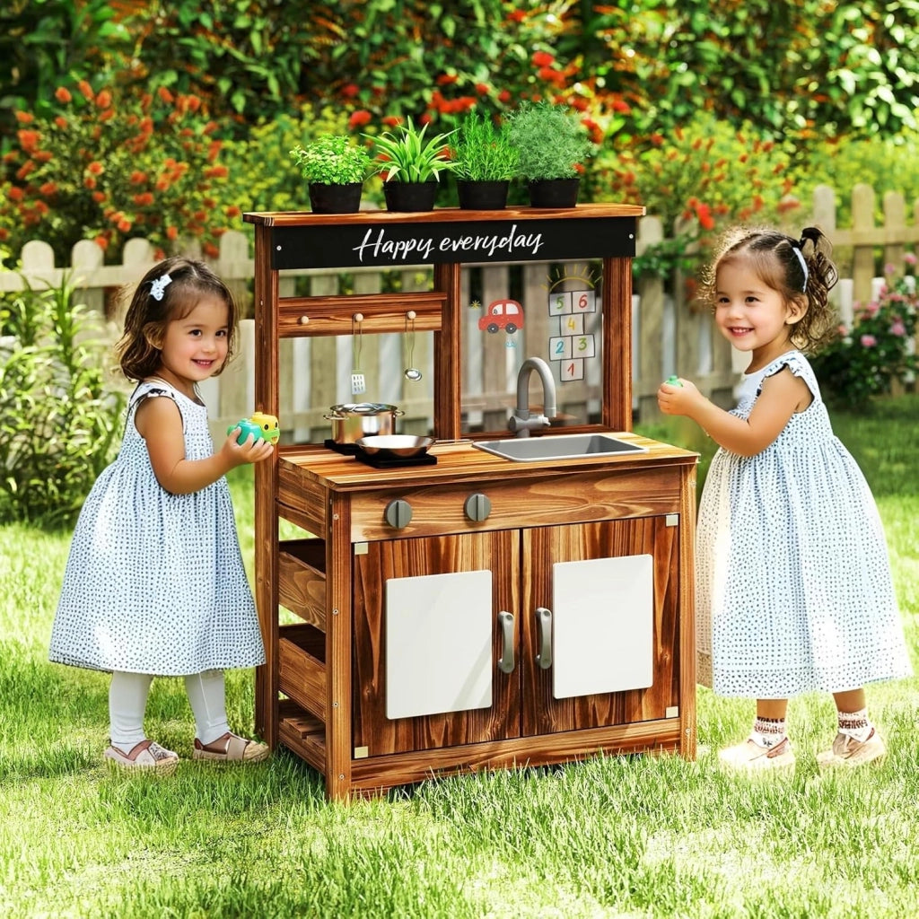 Cucina Giocattolo da Giardino con Lavagna, Cucina in Legno di Abete per Bambini con 4 Vasi da Giardinaggio, Fornelli 4 Accessori per Cucinare, 68 x 35 x 97 cm