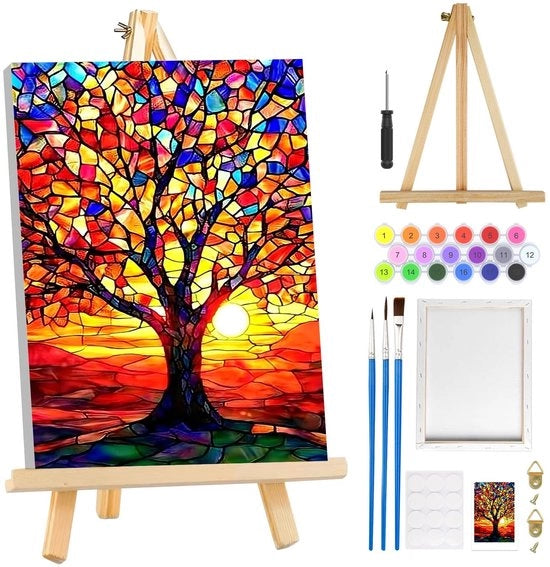 Schilderizzazione su Misura - Albero della Vita con Cornice - Dipinto a Olio da Realizzare - Supporto a Sella in Legno - 3 Pennelli - Tela Preaffrescata - Set di Vernici