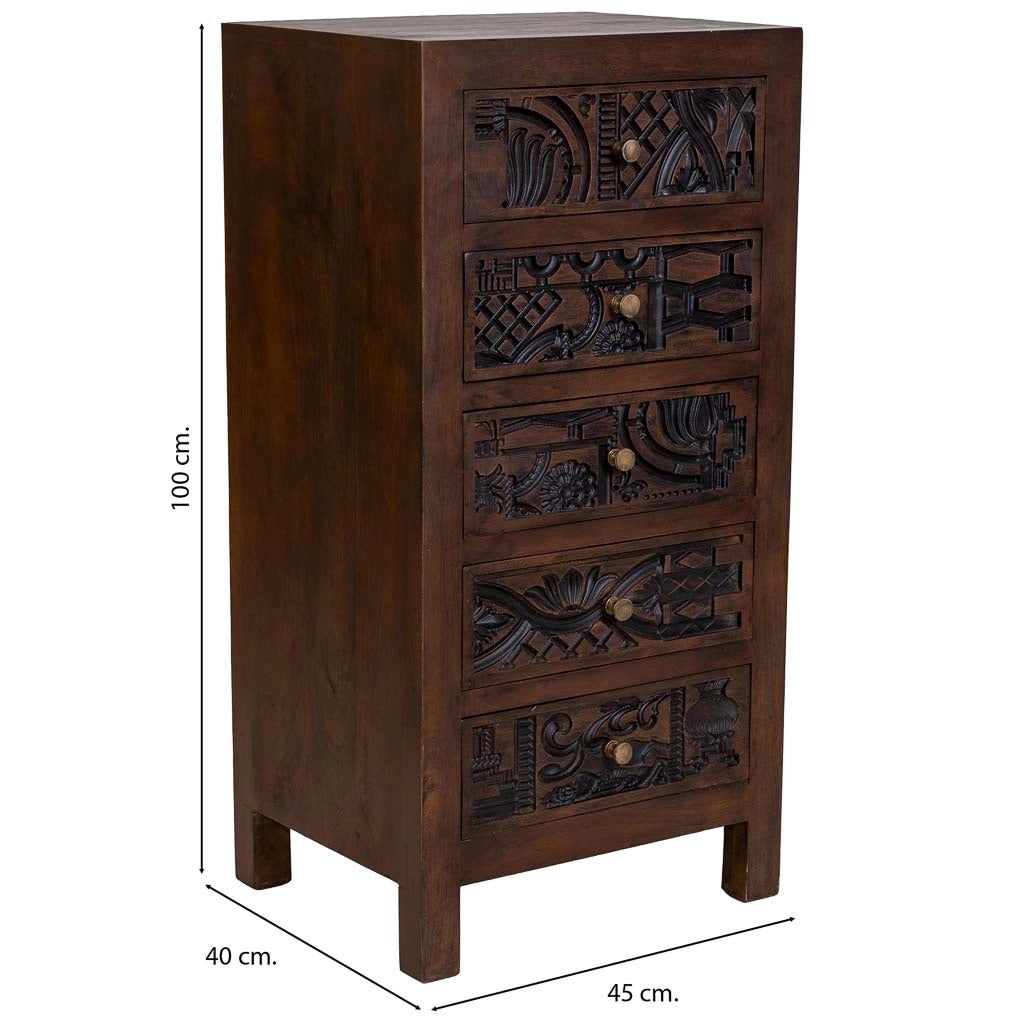 Cassettiera in legno marrone intagliato a mano, 45x40x100h cm