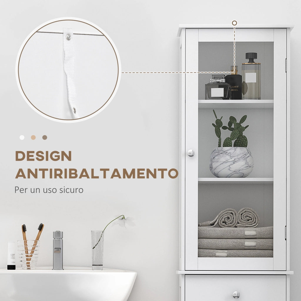 Mobile Colonna Bagno Salvaspazio con Armadietto. Cassetto e Ripiani in MDF. 40x27x171.5cm. Bianco