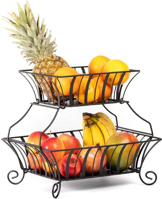 Etagère per frutta e verdura extra grande - piatto per frutta metallo a due piani - fruttaio nero - etagère per piatti per frutta - 38,5 x 32,7 x 35,5 cm