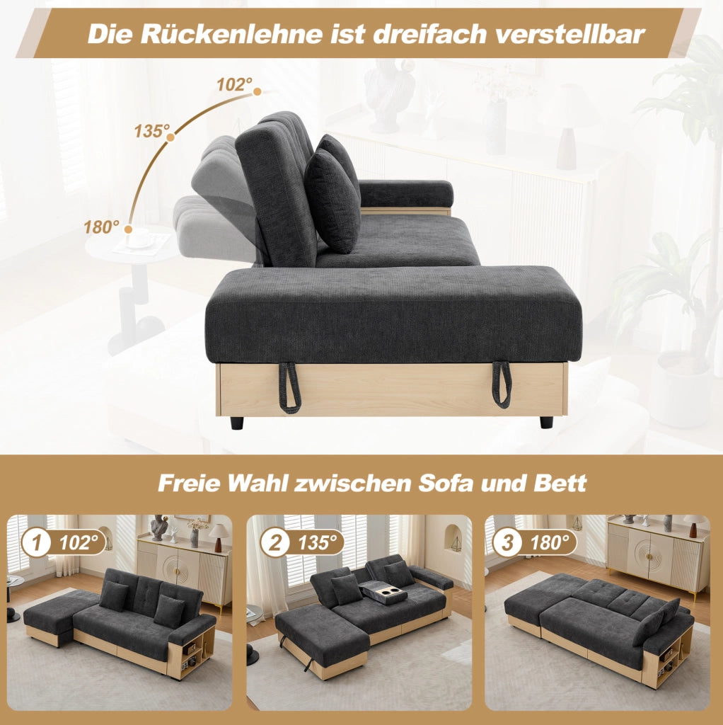 Divano letto grigio in chenille con contenitore e schienale regolabile