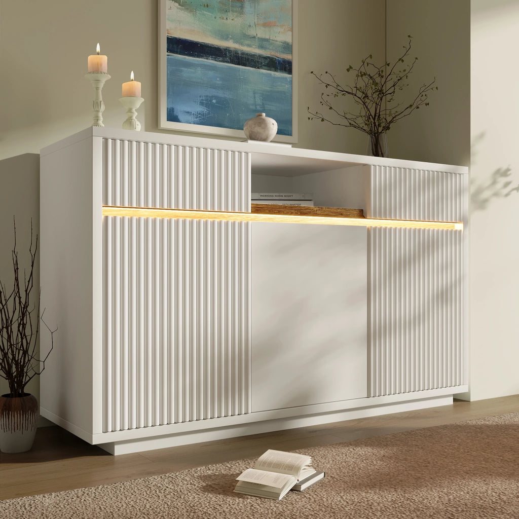 Credenza con LED 2 cassetti 3 ante e ripiani regolabili per soggiorno e ingresso bianca moderna 140 × 40 × 85 cm