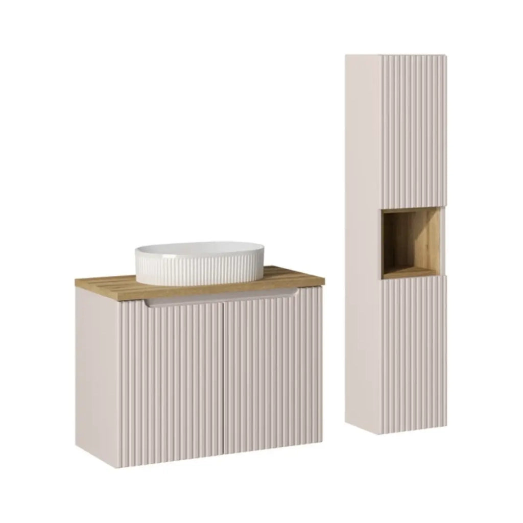 Set VANO cashmere e quercia 110cm: mobile sotto lavabo con armadietti + lavabo da appoggio scanalato bianco + colonna
