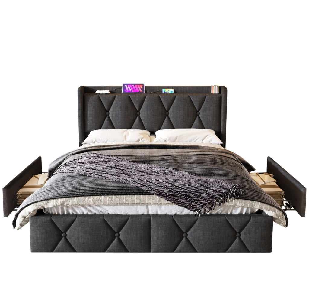 Letto matrimoniale 140x200 cm grigio in lino con USB, 4 cassetti e vano contenitore