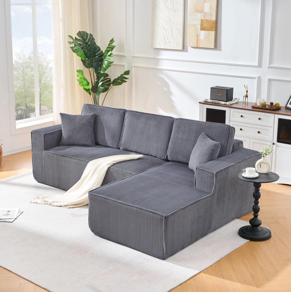 Divano angolare modulare a L; 2 posti con chaise longue; 235 x 128 x 60 cm; velluto a coste grigio