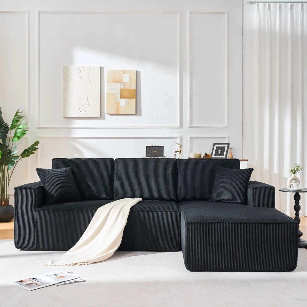 Divano angolare in velluto - Zephmum- 2 posti + chaise longue, schiuma ad alta densit¨¤, nero