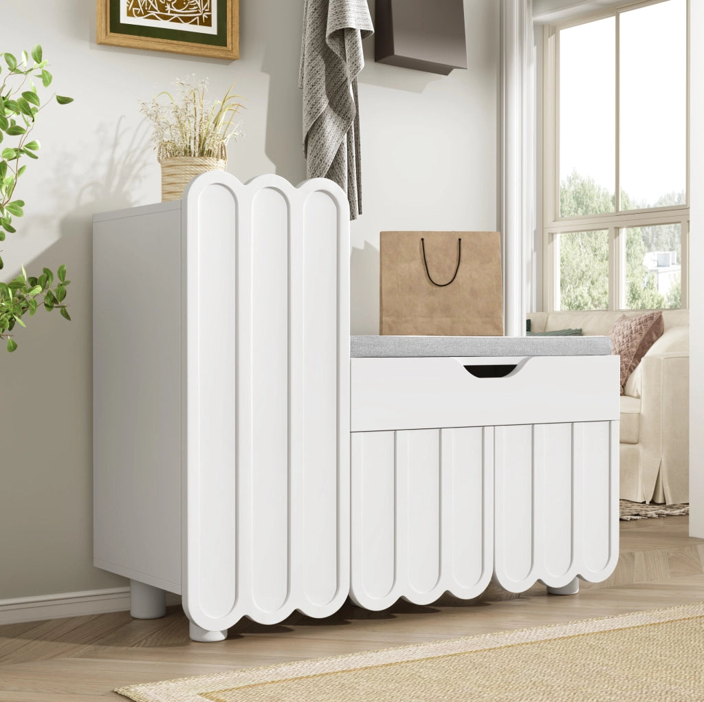 Scarpiera 90x35x74.5 cm con cassetto e seduta imbottita in MDF bianco