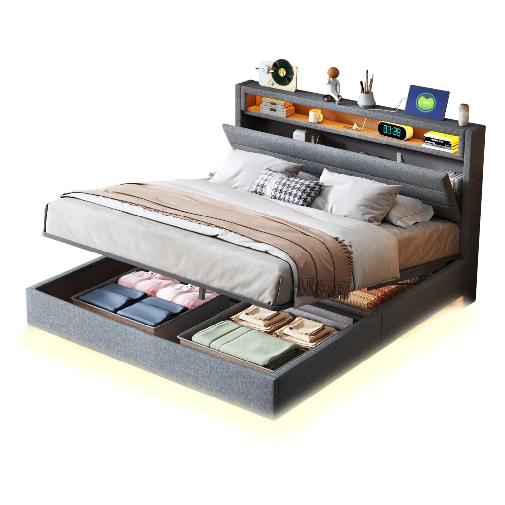 OKWISH Letto Contenitore 140×200 cm, Letto Matrimoniale con Vano Idraulico, USB, LED Regolabile e Testiera Girevole, senza Materasso, Grigio