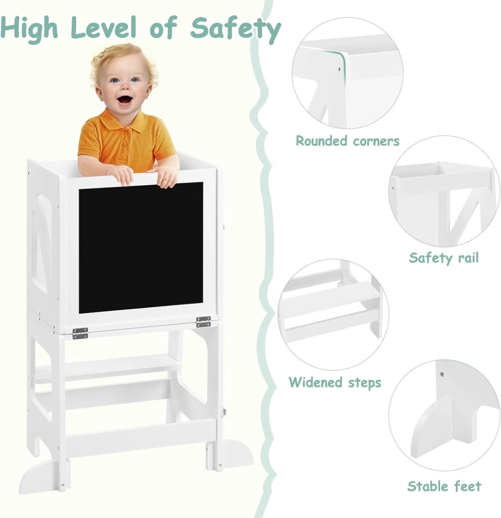 3 in 1 Torre Montessoriana, Scala Montessoriana di Apprendimento, Trasformabile, con Lavagna, Barra Sicurezza, per Bambini di Età Superiore ai 12 Mesi, Bianco