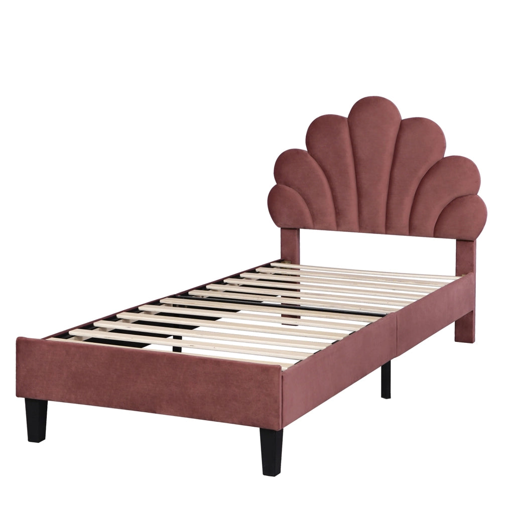 Letto imbottito 90x200 cm; testiera a fiore; velluto; rosso fagiolo (Senza materasso)