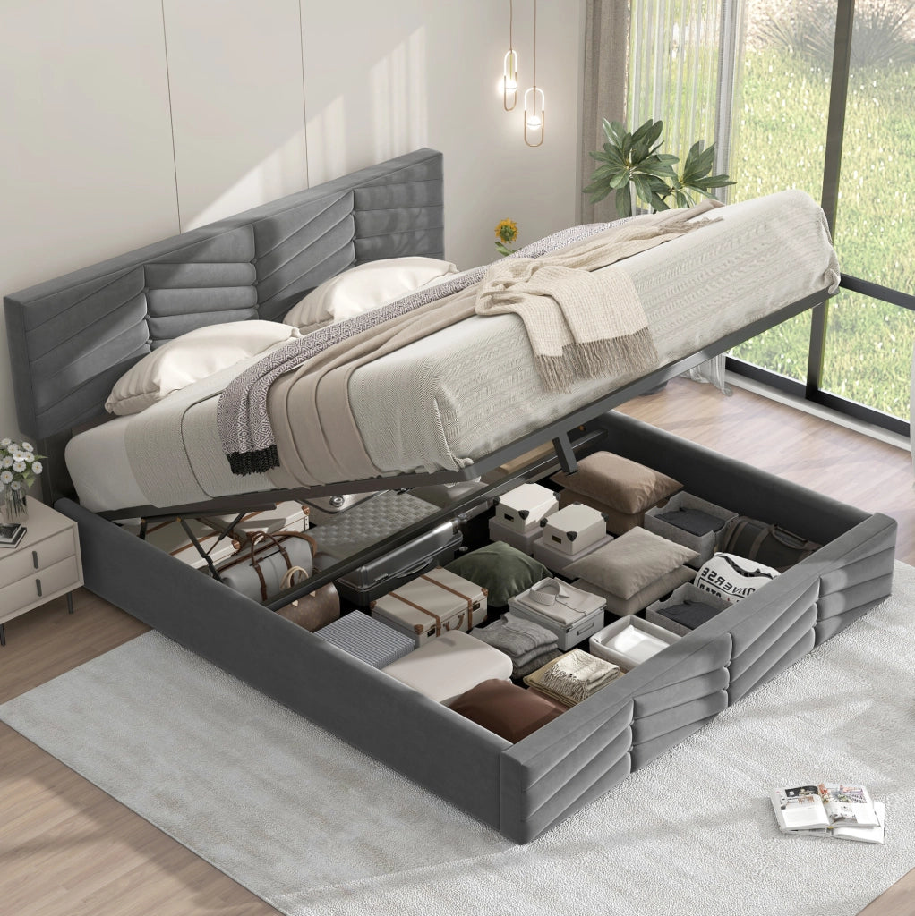 Letto matrimoniale contenitore in velluto grigio 140x190 cm con testiera regolabile