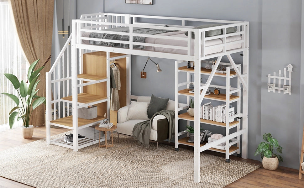 DESMIU Letto a soppalco singolo con armadio ad angolo, scaffale con ruote e barriera 90 × 200 cm, senza materasso