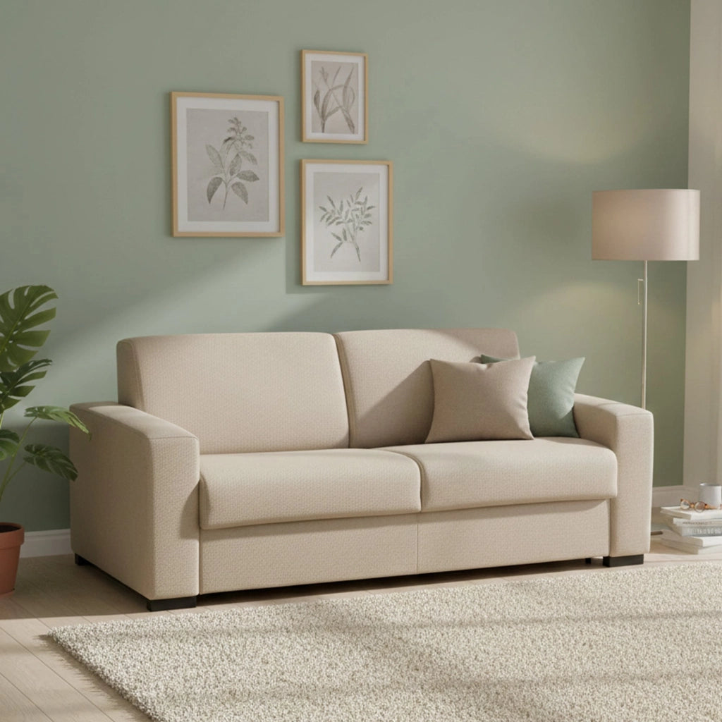 Divano Letto Akito, Divano a 2 posti Large, Made in Italy, SofÒ  Soggiorno con apertura girevole, in tessuto imbottito, con Braccioli slim, cm 180x95h90, Beige