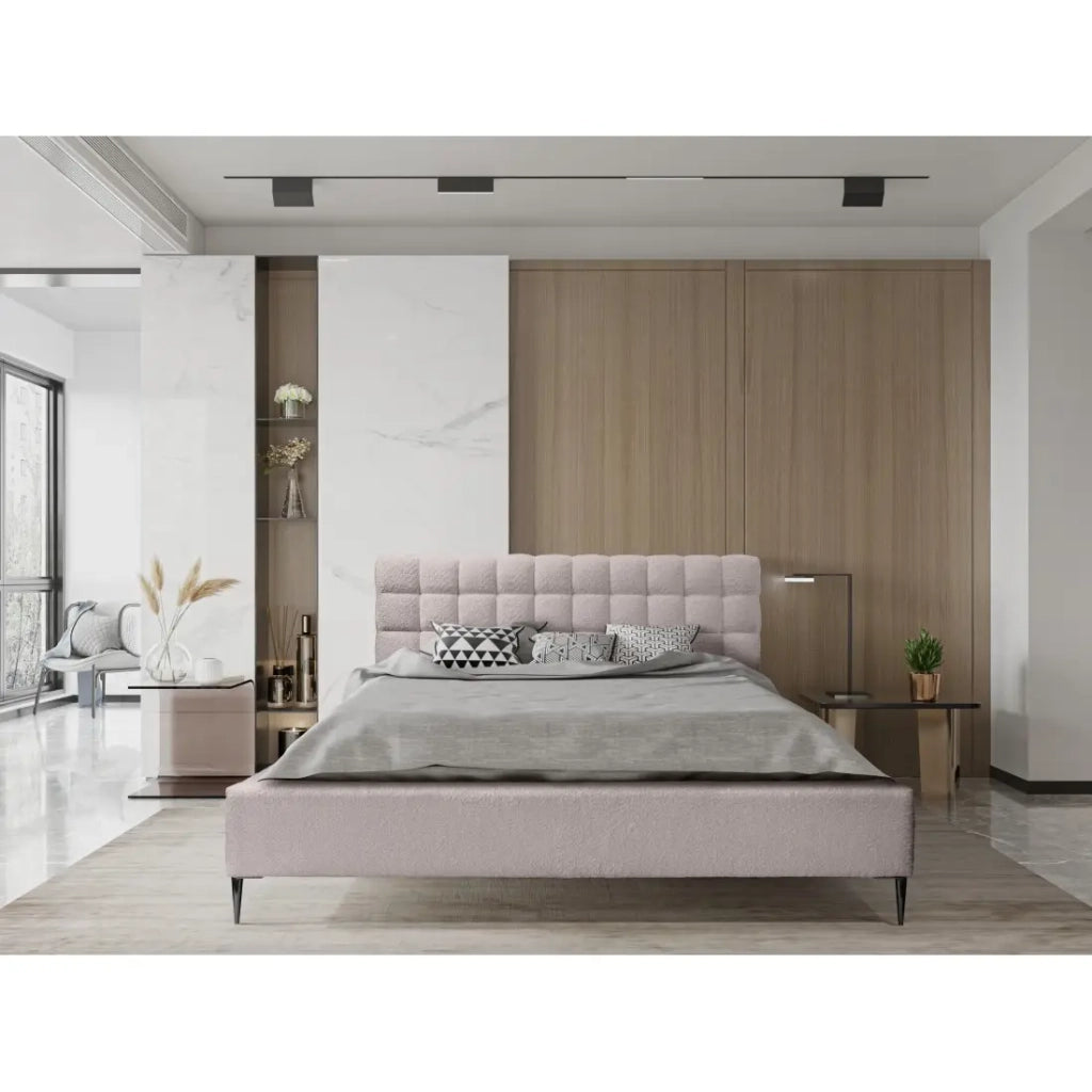 Letto MILLIO – Taupe – 180x200 cm – Tessuto chenille bouclé – Rete inclusa – Comfort da hotel 5 stelle