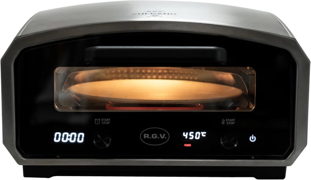 Rgv vulcano forno elettrico per pizza, piatto girevole, apertura a slitta, temperatura 450°c, pizza pronta in 2 minuti