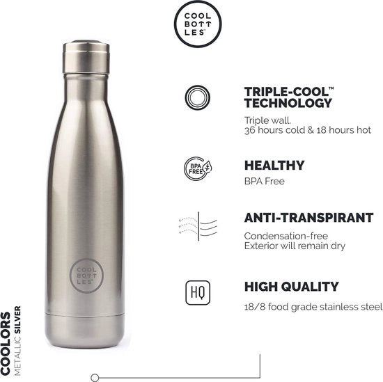 Termos doppio strato in acciaio inossidabile - 500 ml - Argento metallico - Bevande fredde 24 ore - Bevande calde 12 ore - Doppio strato - BPA libero