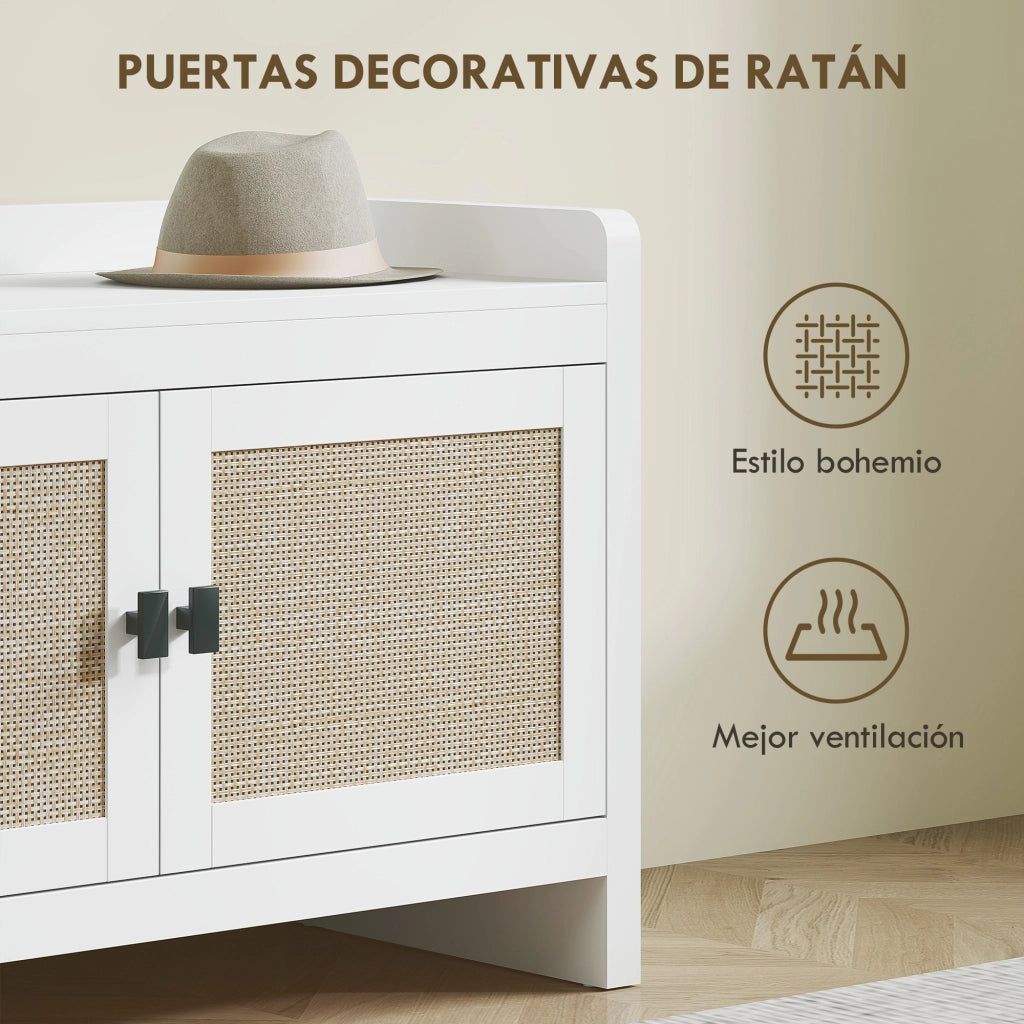 Scarpiera con Cassetti e Ripiano Estraibile in Rattan ¨C Zephmum ¨C Bianco e Beige 80x35x52 cm
