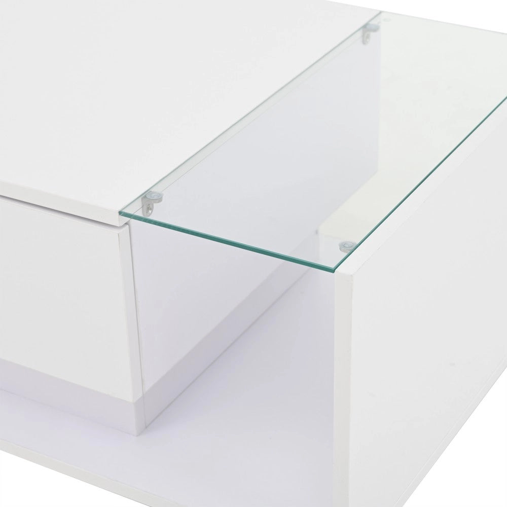 Tavolino da Caff¨¨ con LED e Cassetto ¨C MINIMAL ¨C Vetro Temperato Bianco Lucido 100x50x31
