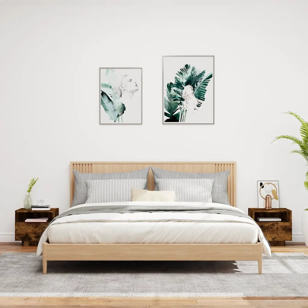 Set di 2 Comodini | Armadio da Notte | Mobiletto da notte con Luci LED Rovere Fumo 40x39x37 cm