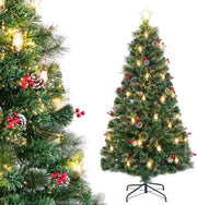 Albero di Natale 180CM, Albero di Natale con 64 Luci LED, Fibre Ottiche, 8 Modalità di Illuminazione e 220 Rami, Ago di Pino, Pigne, Bacche Rosse e Lampade a Paraffina (180 CM)