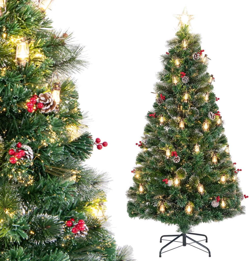 Albero di Natale 180CM, Albero di Natale con 64 Luci LED, Fibre Ottiche, 8 Modalità di Illuminazione e 220 Rami, Ago di Pino, Pigne, Bacche Rosse e Lampade a Paraffina (180 CM)