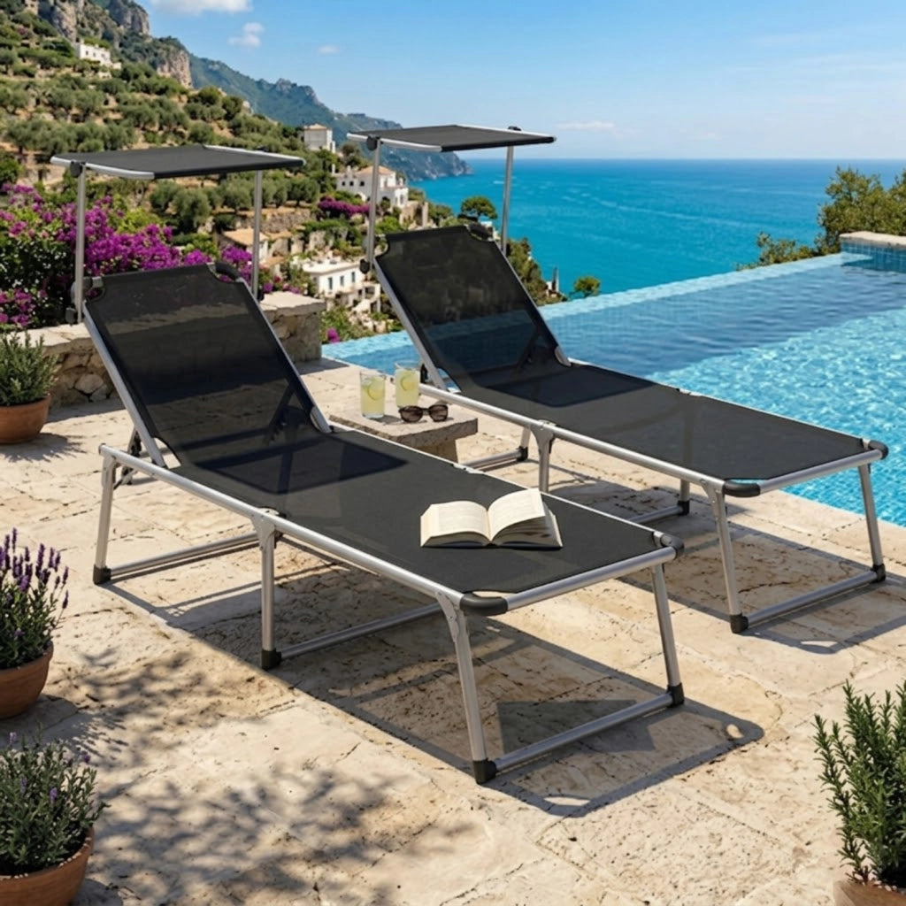 Coppia Di Lettini Pieghevole Prendisole Con Tettuccio Parasole Schienale Reclinabile Regolabile 6 Posizioni Struttura In Alluminio Sedia Sdraio Mare Spiaggia Giardino Piscina Relax 187 x 59 x 29 Cm (Nero)