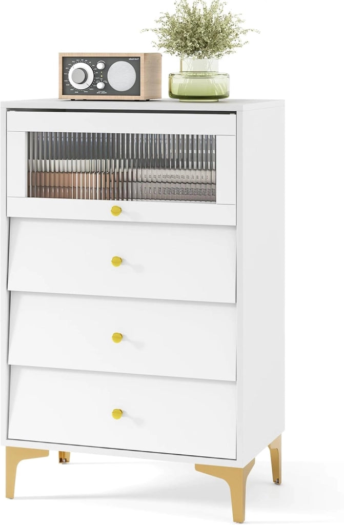 Cassettiera Bianca in Legno, Comò Camera da Letto Moderno con Porta in Vetro e Gambe in Metallo, Mobiletto Cucina con Cassetti Scorrevoli, per Studio, Ingresso, Bianco (Con 4 Cassetti)
