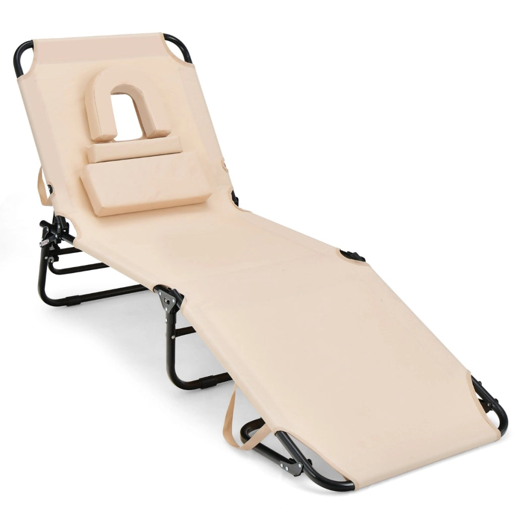 Sedia pieghevole con foro per il viso cuscini rimovibili schienale regolabile in 5  livelli, Sedia a sdraio Beige-Poltrone e sdraio