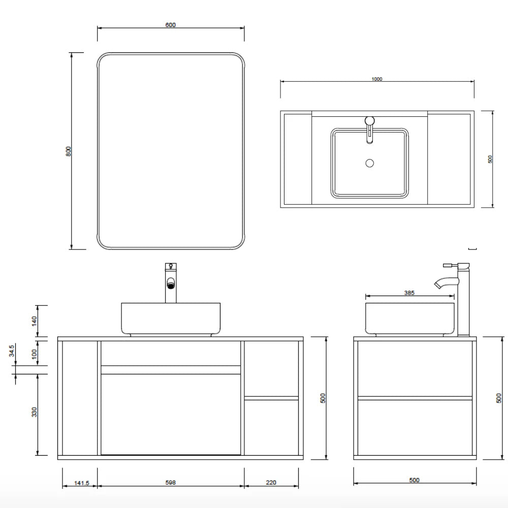 Mobile Bagno Sospeso 100 cm Lavabo e Specchio Berlin Rovere e Nero