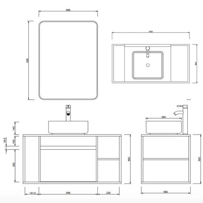 Mobile Bagno Sospeso 100 cm Lavabo e Specchio Berlin Rovere e Nero