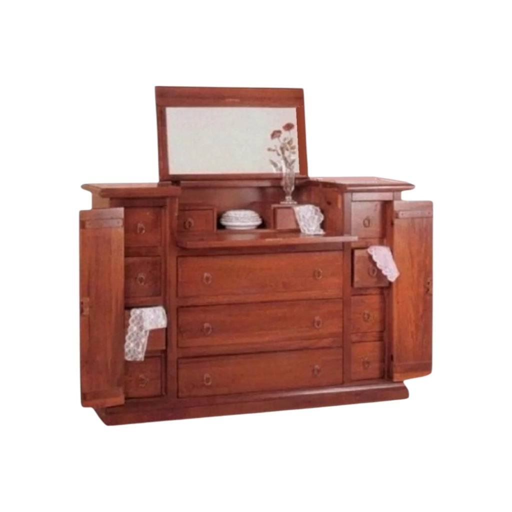 Cassettiera arte povera 13 cassetti con ribalta legno tinta noce 144x54x95 (74) - Mobili 2G