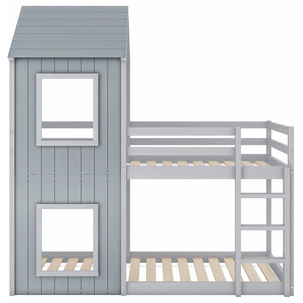 Letto a castello per bambini 90x200 cm in legno di pino, color grigio, con struttura a casetta e scaletta