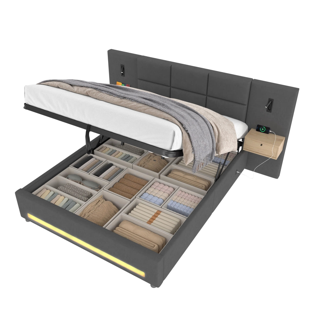 Letto imbottito 180x200 cm con contenitore; LED; USB-C e cassetti in velluto grigio scuro