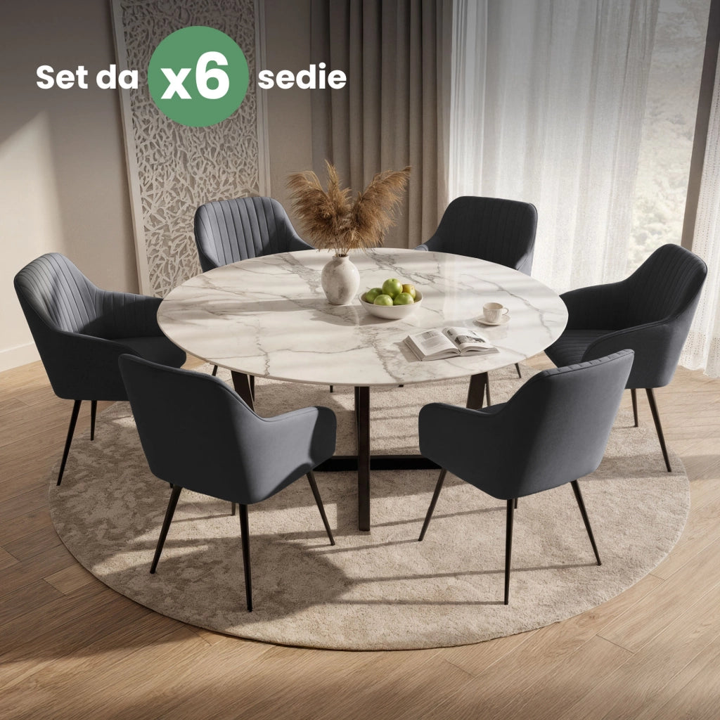 Set di 6 Sedie in velluto con cuciture verticali FLORENCE Grafite gambe nere