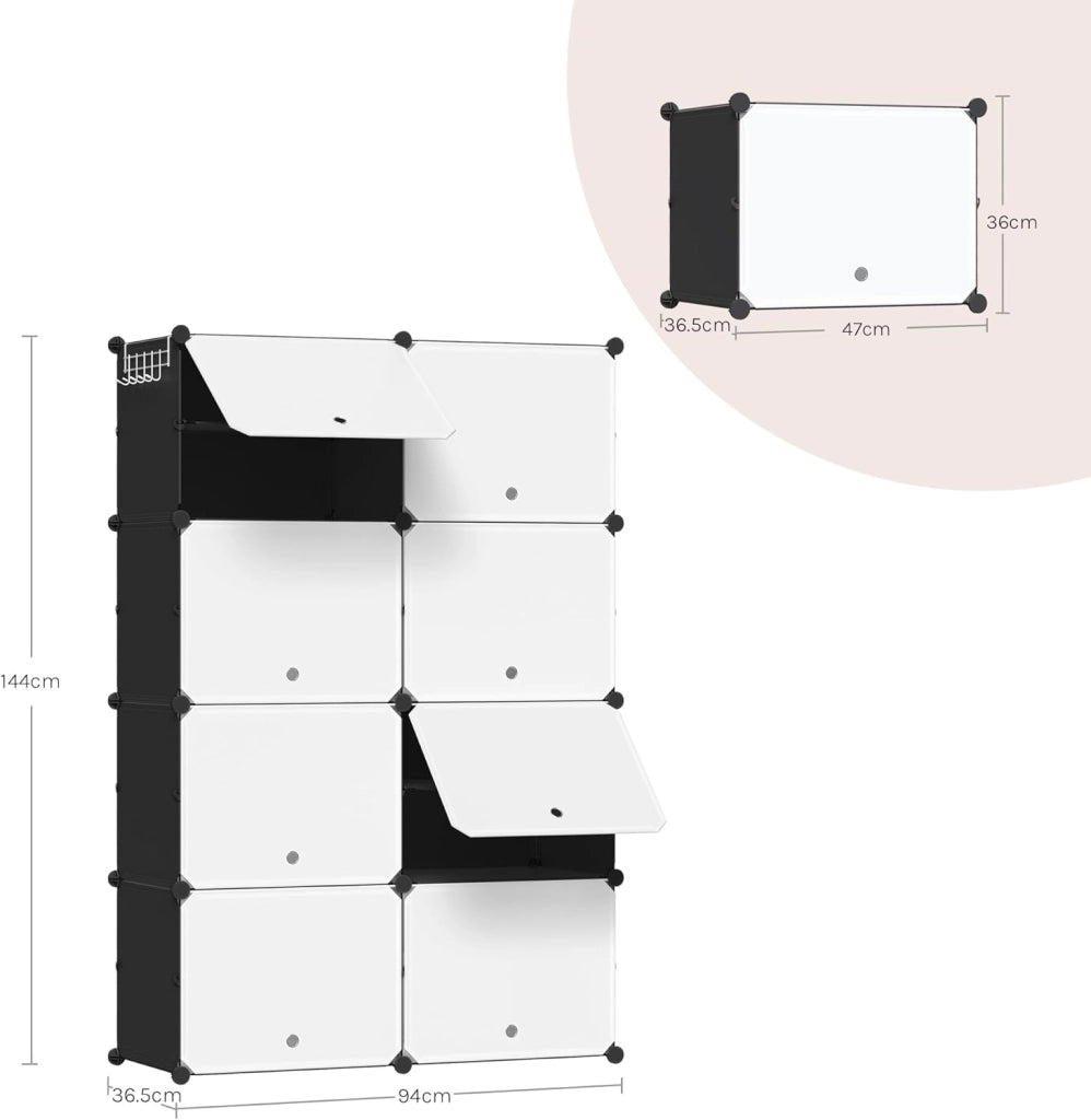 Scarpiera da Ingresso, Porta Scarpe con 8 Scomparti, Scarpiera Modulare per 32 Paia di Scarpe, Contenitore per Scarpe con Porte, in Plastica e Metallo, Bianco + Nero, 35x35x45cm/Scomparto