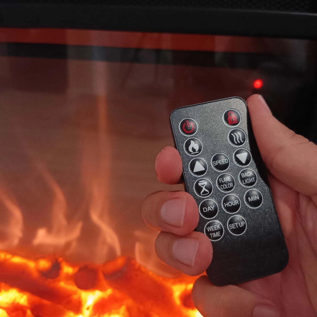 Caminetto Fuego Omar Negro 1500w a Parete Con Cornice Telecomando e Bruciatore Nero