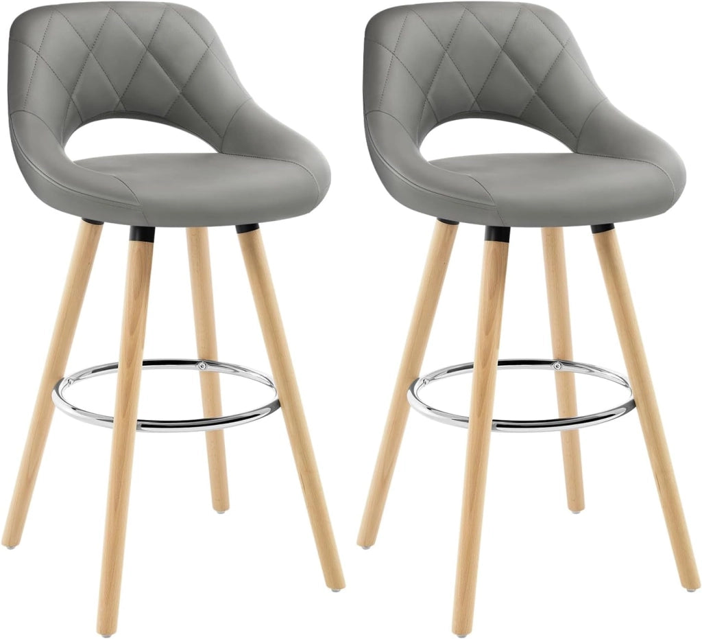 Sgabelli da Cucina Set di 2, Sgabello da Bar per Colazione, Sgabelli Alti con Poggiapiedi e Schienale, Sedile in Pelle Sintetica+Gambe in Legno, Grigio, BH111gr-2