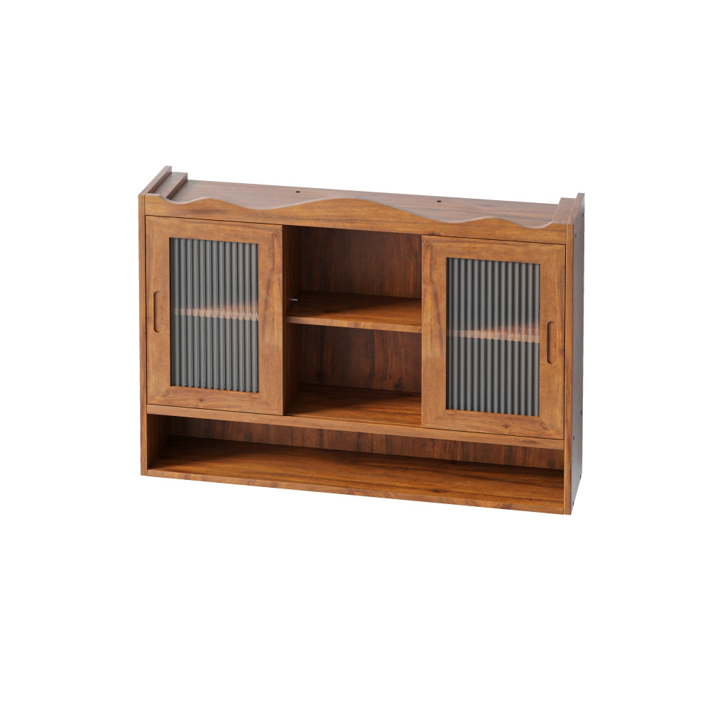Pensile con 2 Ante Scorrevoli e 3 Ripiani Rimovibili; Stile Retrò; in Legno Massello e Vetro; 90×20×60 cm; Marrone