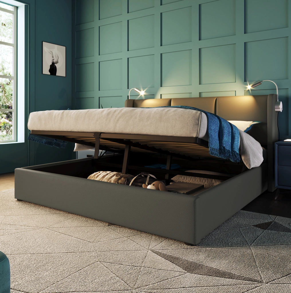 Letto imbottito 160x200 in PU grigio con contenitore; luce da lettura e ricarica USB