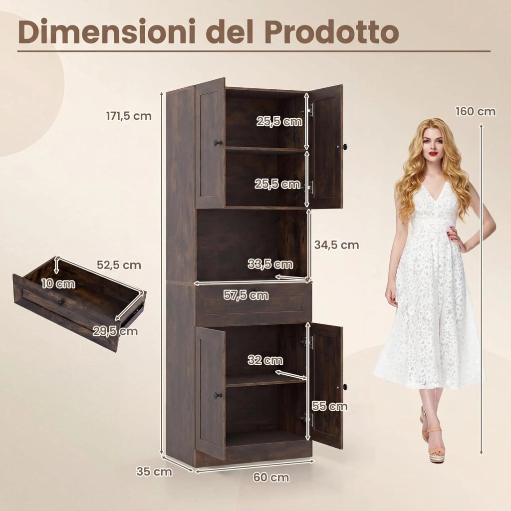 Mobile da Bagno Salvaspazio, Mobile da Terra con 4 Ante, 1 Cassetto, Vano Aperto e Ripiani Regolabili, Credenza Dispensa Cucina in Lgeno per Soggiorno e Ingresso, 60 x 35 x 171,5 cm (Marrone)