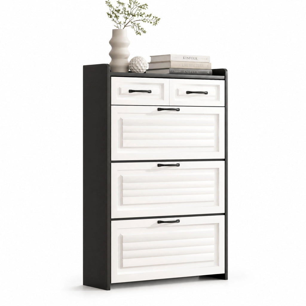 Scarpiera salvaspazio con 3 vani girevoli e 2 cassetti; 80x23;5x131 cm; bianco e nero