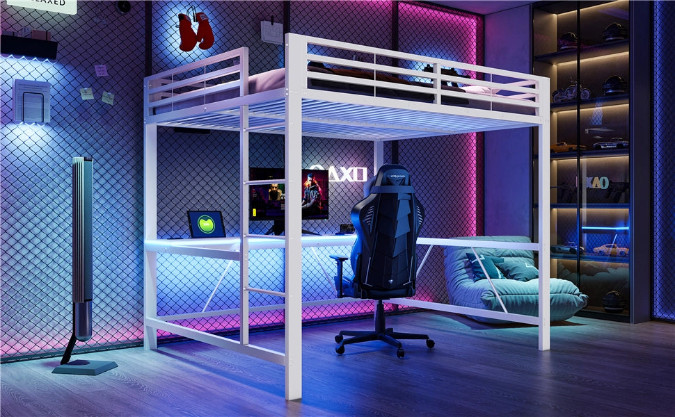 Letto a soppalco 160 × 200 cm con scrivania, illuminazione LED e protezioni rialzate, senza materasso, bianco