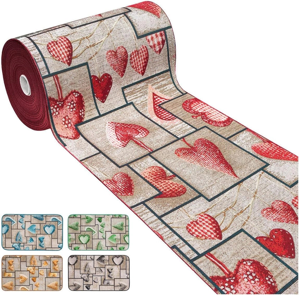 Tappeto Cucina Tessuto Gobelin 54x190 cm Passatoia Lavabile Antiscivolo Shabby Chic Cuori Turchese