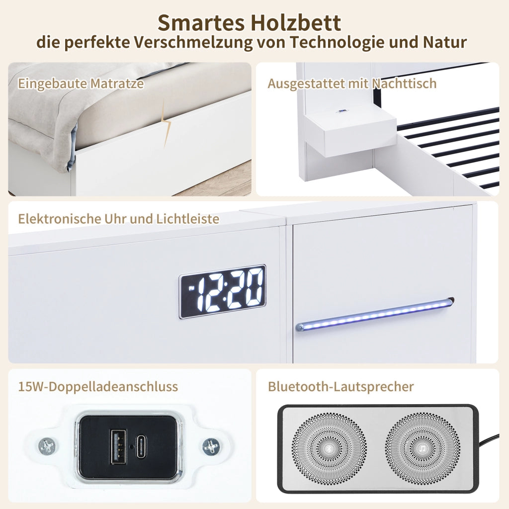 OKWISH Letto Contenitore 160×200 cm, Letto Matrimoniale con USB A, USB C, Orologio Elettronico, Altoparlante Bluetooth e LED Regolabile, senza Materasso, Bianco