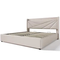 Struttura Letto Matrimoniale in ferro con Contenitore e USB-C, testiera imbottita con spugna morbida,140x200 cm, Beige